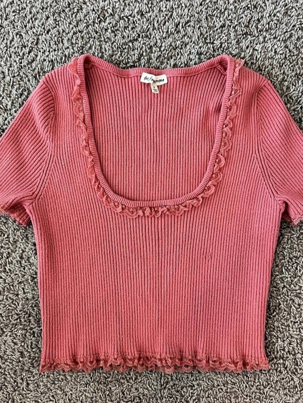 For Love and Lemons Rose Pink Ribbed Lace Short Sleeve Crop Top